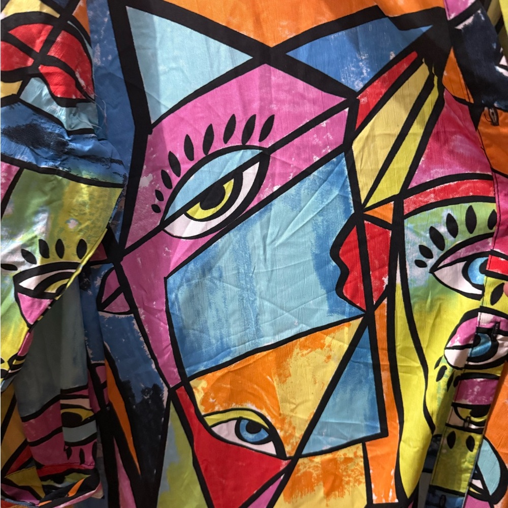 Vibrant Abstract Face Print Cardigan Long - Multicolor